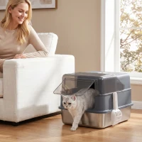 PawHut Stainless Steel Cat Litter Box with Lid, High Sided Enclosed Metal Litter Box w/ Scoop, Deodorization Bags for Cats(m-1)