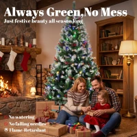 HOMCOM 6ft Flocked Prelit Christmas Tree Spruce, Dual Colour, Remote, Hinged Artificial Xmas Tree with Pinecones, Berries(m-4)