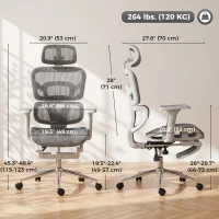 HOMCOM Ergonomic Office Chair with Lumbar Support, 2D Headrest, Mesh Reclining Desk Chair with Footrest, Swivel Wheels, Grey(m-3)