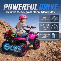 Qaba 12V Kids ATV, Electric Ride On Quad with Dual Motors, Soft Start, Battery Display, Music, Lights for 3-8 Years, Pink(m-4)