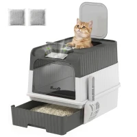 PawHut Cat Litter Box with Lid, Enclosed Kitty Litter Box with Pull-Out Drawer Tray, Scoop, 2 Deodorization Bags, Grey(m-9)