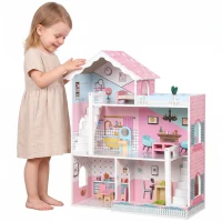Qaba Wooden Doll House, Large 3-Storey Modern Dollhouse with 6 Rooms and 10 Accessories, for Girls Boys 3-6 Years, Pink(m-13)
