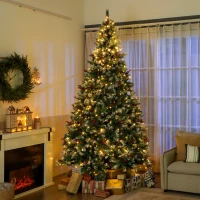 HOMCOM 9ft Flocked Prelit Christmas Tree Spruce, Dual Colour, Remote, Hinged Artificial Xmas Tree with Pinecones, Berries(m-1)