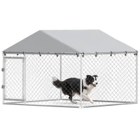 PawHut 6.6' x 6.6' x 4.9' Outdoor Dog Kennel Heavy Duty Galvanized Steel Chain Link with UV-resistant Roof, Silver(m-2)