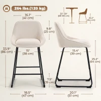 HOMCOM Bar Stools Set of 2 Chenille Barstools Counter Height Bar Chairs Backrest Footrest Cream White(m-3)