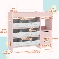 Qaba Toy Storage Organizer with 9 Non-Woven Fabric Boxes, Storage Cabinet & Shelves, for Kids Room, Nursery, Playroom Pink(m-3)