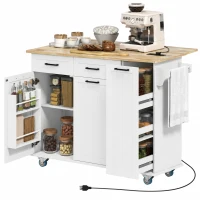 HOMCOM Kitchen Island on Wheels with Wood Drop Leaf, Charging Station, Rolling Kitchen Cart with Adjustable Shelf, White(m-11)
