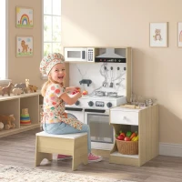 Qaba Kids Kitchen Playset, 2-in-1 Convertible Table and Chair Set with Sink, Oven, Microwave, Accessories for 3-8(m-1)