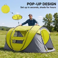 Outsunny 3 Person Camping Tent, Easy Pop Up Tent with Doors, Windows and Carry Bag, Automatic Setup Tent for Hiking, Yellow(m-4)