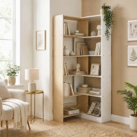 HOMCOM Corner Bookshelf, 5-Tier L-Shaped Bookcase with 350° Rotating Design, Two-Tone Design, Fruitwood/White(m-8)