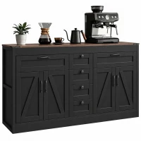 HOMCOM Sideboard Buffet Cabinet, 55" Farmhouse Kitchen Cabinet with 4 Barn Doors, 6 Drawers and 2 Adjustable Shelves, Black(m-9)