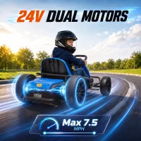 Qaba 24V Electric Drift Go Kart for Kids with Dual Motors, Soft Start, PU Wheels, 7.5MPH High Speed, for Ages 6+, Blue(m-5)