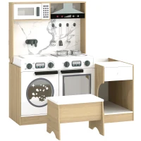 Qaba Kids Kitchen Playset, 2-in-1 Convertible Table and Chair Set with Sink, Oven, Microwave, Accessories for 3-8(m-13)
