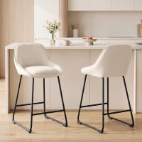 HOMCOM Bar Stools Set of 2 Chenille Barstools Counter Height Bar Chairs Backrest Footrest Cream White(m-1)