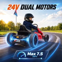 Qaba 24V Electric Drift Go Kart for Kids with Dual Motors, Soft Start, PU Wheels, 7.5MPH High Speed, for Ages 6-14, Red(m-5)