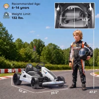 Qaba 24V Electric Drift Go Kart for Kids with Dual Motors, Soft Start, PU Wheels, 7.5MPH High Speed, for Ages 6-14, White(m-3)