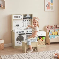 Qaba Kids Kitchen Playset, 2-in-1 Convertible Table and Chair Set with Sink, Oven, Microwave, Accessories for 3-8(m-8)