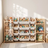 Qaba 3-in-1 Wooden Toy Storage Organizer with Stuffed Animal Storage, Bookshelf, 12 Bins for Bedroom, Playroom, Nursery(m-8)