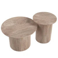 HOMCOM Round Nesting Coffee Table Set of 2, Fluted Mid Century Modern Circle Side Tables, Weathered Coffee Wood Grain(m-9)