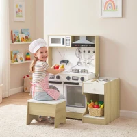 Qaba Play Kitchen Set for Kids, 2-in-1 Convertible Table and Chair Set, Kitchen Playset with Sink, Oven, Accessories for 3-8(m-8)
