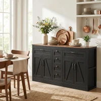 HOMCOM Sideboard Buffet Cabinet, 55" Farmhouse Kitchen Cabinet with 4 Barn Doors, 6 Drawers and 2 Adjustable Shelves, Black(m-1)