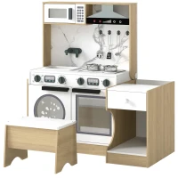 Qaba Kids Kitchen Playset, 2-in-1 Convertible Table and Chair Set with Sink, Oven, Microwave, Accessories for 3-8(m-2)