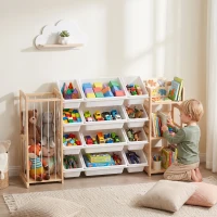 Qaba 3-in-1 Wooden Toy Storage Organizer with Stuffed Animal Storage, Bookshelf, 12 Bins for Bedroom, Playroom, Nursery(m-10)
