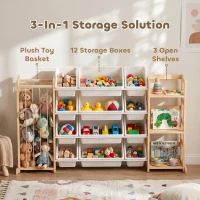 Qaba 3-in-1 Wooden Toy Storage Organizer with Stuffed Animal Storage, Bookshelf, 12 Bins for Bedroom, Playroom, Nursery(m-4)