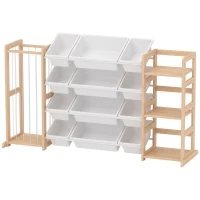 Qaba 3-in-1 Wooden Toy Storage Organizer with Stuffed Animal Storage, Bookshelf, 12 Bins for Bedroom, Playroom, Nursery(m-1)