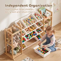 Qaba 3-in-1 Wooden Toy Storage Organizer with Stuffed Animal Storage, Bookshelf, 12 Bins for Bedroom, Playroom, Nursery(m-6)