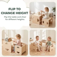 Qaba Montessori Kids Table and Chair Set with 3-Level Heights for 18-36 Months Toddlers, Learning, Play and Mealtime, Natural(m-4)