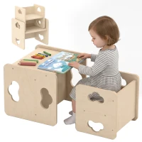 Qaba Montessori Kids Table and Chair Set with 3-Level Heights for 18-36 Months Toddlers, Learning, Play and Mealtime, Natural(m-11)