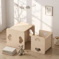 Qaba Montessori Kids Table and Chair Set with 3-Level Heights for 18-36 Months Toddlers, Learning, Play and Mealtime, Natural(m-8)