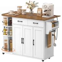 HOMCOM 53" Kitchen Island with Power Outlet and Drop Leaf, Kitchen Cart on Wheels with 360° Rotating Rack, White(m-13)