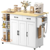 HOMCOM 53" Kitchen Island with Power Outlet and Drop Leaf, Kitchen Cart on Wheels with 360° Rotating Rack, White(m-11)