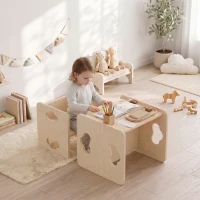 Qaba Montessori Kids Table and Chair Set with 3-Level Heights for 18-36 Months Toddlers, Learning, Play and Mealtime, Natural(m-2)