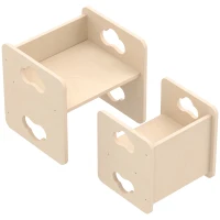 Qaba Montessori Kids Table and Chair Set with 3-Level Heights for 18-36 Months Toddlers, Learning, Play and Mealtime, Natural(m-1)