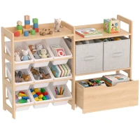 Qaba Wooden Toy Storage Organizer with Rolling Toy Chest, 2 Fabric Drawers, 2 Shelves and 9 Bins for Kids Rooms, Nursery(m-13)