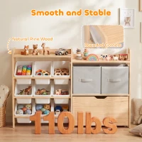 Qaba Wooden Toy Storage Organizer with Rolling Toy Chest, 2 Fabric Drawers, 2 Shelves, 9 Bins for Bedroom, Playroom, Nursery(m-7)