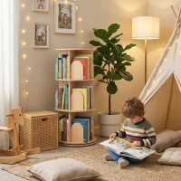Qaba 3-Tier Rotating Bookshelf, 360° Rotating Floor-Standing Revolving Bookcase for Bedroom, Nursery, Playroom, Natural(m-1)