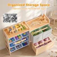 Qaba Wooden Toy Storage Organizer with Rolling Toy Chest, 2 Fabric Drawers, 2 Shelves, 9 Bins for Bedroom, Playroom, Nursery(m-4)