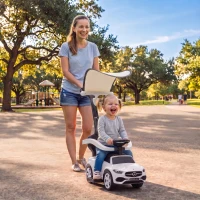 Qaba 4 in 1 Toddler Push Car Licensed Benz with Push Handle, Guardrails, Canopy, Horn, Music, Storage for 18-36 Months, White(m-10)