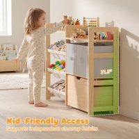 Qaba Wooden Toy Storage Organizer with Rolling Toy Chest, 2 Fabric Drawers, 2 Shelves, 9 Bins for Bedroom, Playroom, Nursery(m-5)