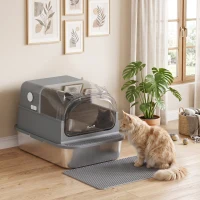 PawHut Stainless Steel Cat Litter Box with 95° Flip Lid, XXL Enclosed Metal Litter Box w/ Mat, Scoop, for Big Cats, 28"x20"x18"(m-8)