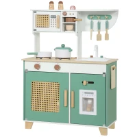 Qaba Wooden Play Kitchen Set with Microwave, Coffee Machine, Ice Maker & 19PCs Accessories, Gift for Ages 3-6 Years, Green(m-13)