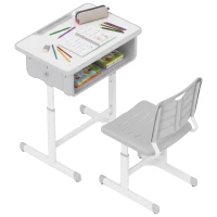 Qaba Kids Desk and Chair Set, Height Adjustable Children Study Desk and Chair with Drawer, Study Table for Bedroom, Grey(m-9)