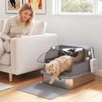 PawHut Stainless Steel Cat Litter Box with 95° Flip Lid, XXL Enclosed Metal Litter Box w/ Mat, Scoop, for Big Cats, 28"x20"x18"(m-1)