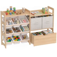 Qaba Wooden Toy Storage Organizer with Rolling Toy Chest, 2 Fabric Drawers, 2 Shelves, 9 Bins for Bedroom, Playroom, Nursery(m-11)