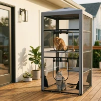PawHut 79"H Cat House Kitten Enclosure Mesh Playpen Steel Frame with 3 Platforms, 2 Doors and 4 Sandbags for Stability, Indoor/Outdoor(m-2)
