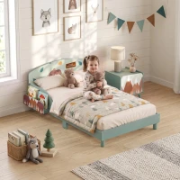 Qaba Toddler Bed with Bedside Storage, Guard Rails, Montessori Bed for Ages 3-8, Fits 132x70x10cm Mattress, Green Bear Print(m-1)